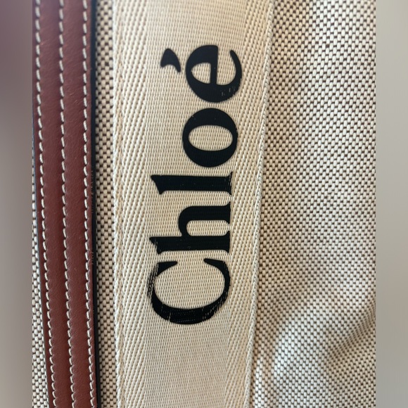 Chloe large woody tote bag in linen, cream with brown leather detail - Picture 4 of 11